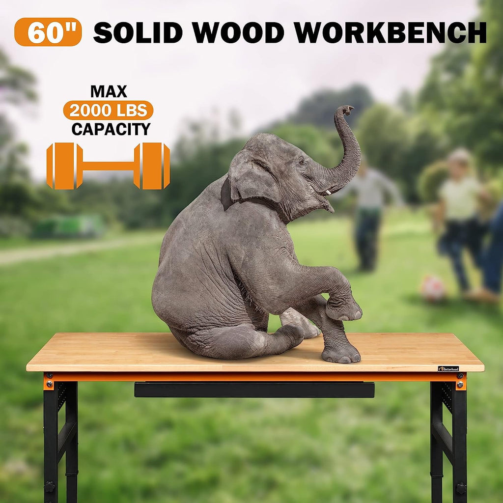 Tolead 60 Heavy-Duty Adjustable Workbench with Power Outlets, Rubber Wood Shop Table, Metal Wheels, Workstation