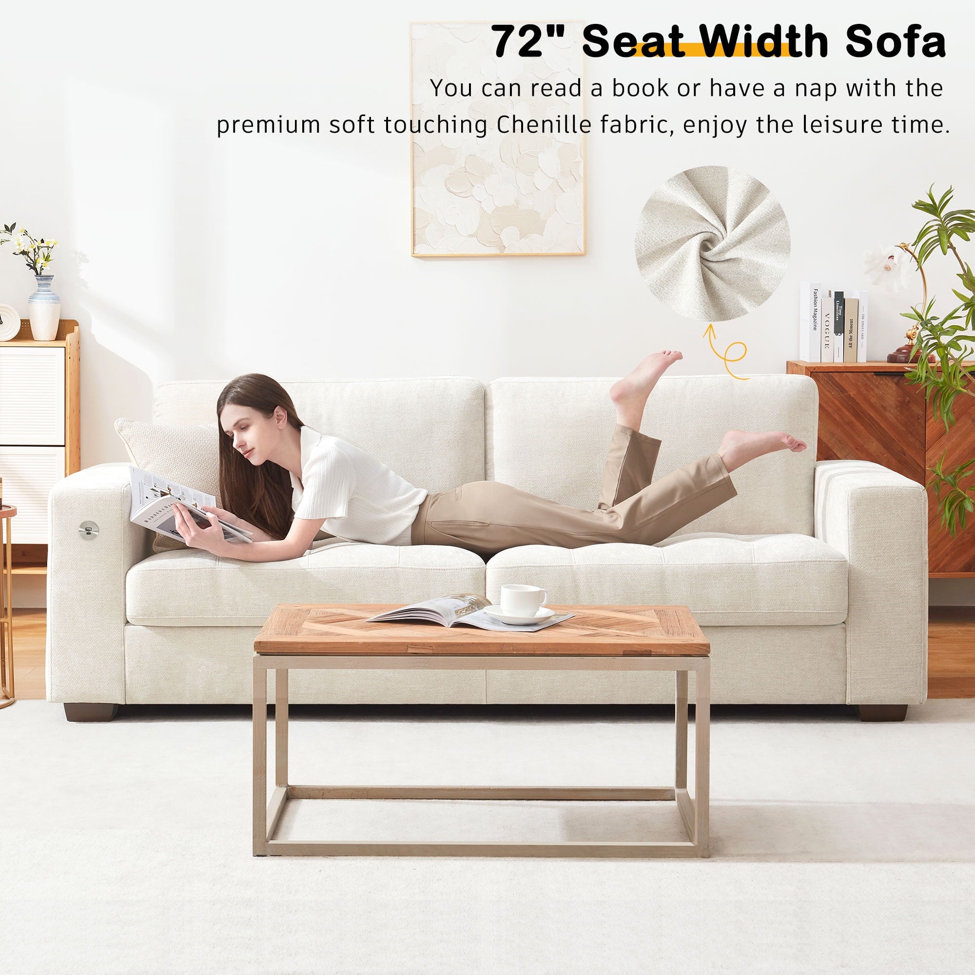 Bedluxury 89 Deep Sofa Couch with USB/Type-C Charging, Storage Pocket & Wide Armrest, Removable Cover, Seats 3 Adults, Chenille Beige