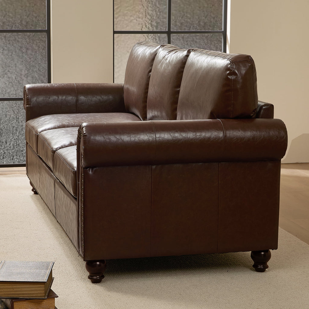 Me'on 80'' Faux Leather Sofa with Storage Seats, Classic 3-Seater Couch with Nailhead Trim, Easy Assembly, Dark Brown