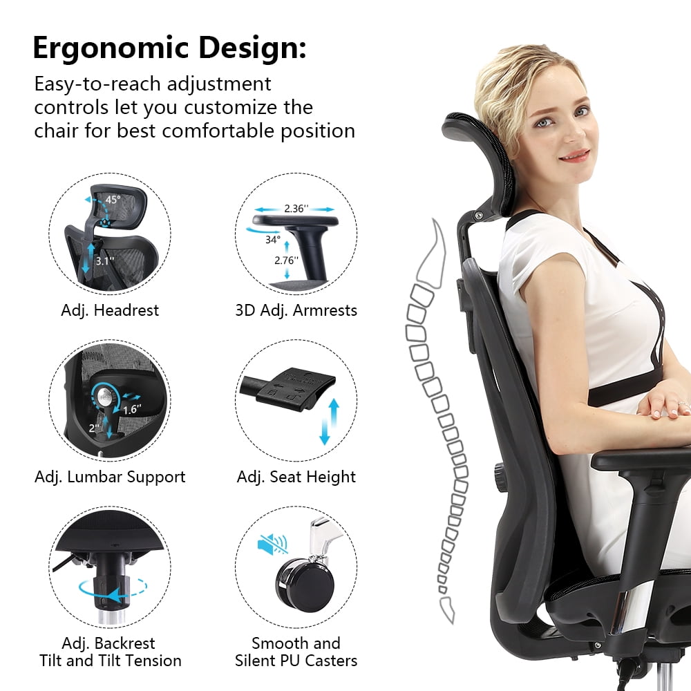Sihoo M57 Ergonomic Office Chair, Adjustable Swivel Mesh High Back Desk Chair with Headrest, Lumbar Support, Black
