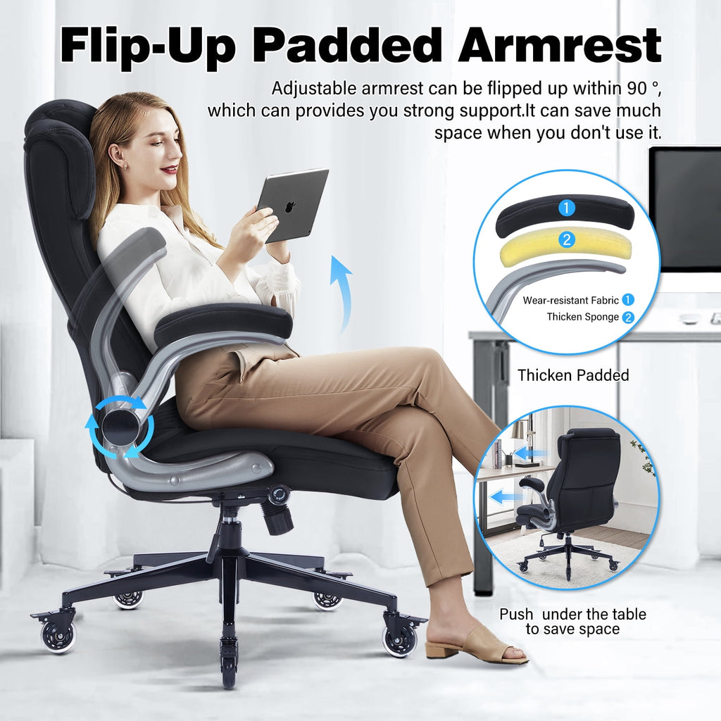 High Back Office Chair with Lockable Wheels, 400lbs Large Fabric Executive Desk Chair, Adjustable Lumbar Support Flip up Arms, Ergonomic Home Office Computer Chair with Storage Pocket, Black