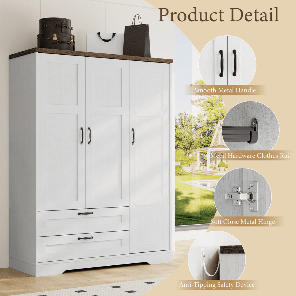 Brafabhome 71H Armoire Wardrobe Closet with 2 Drawers, Farmhouse 2 Doors Armoire Cabinet with Hanging Rod, Modern Freestanding Wardrobe Clothes Cabinet for Bedroom | Gray