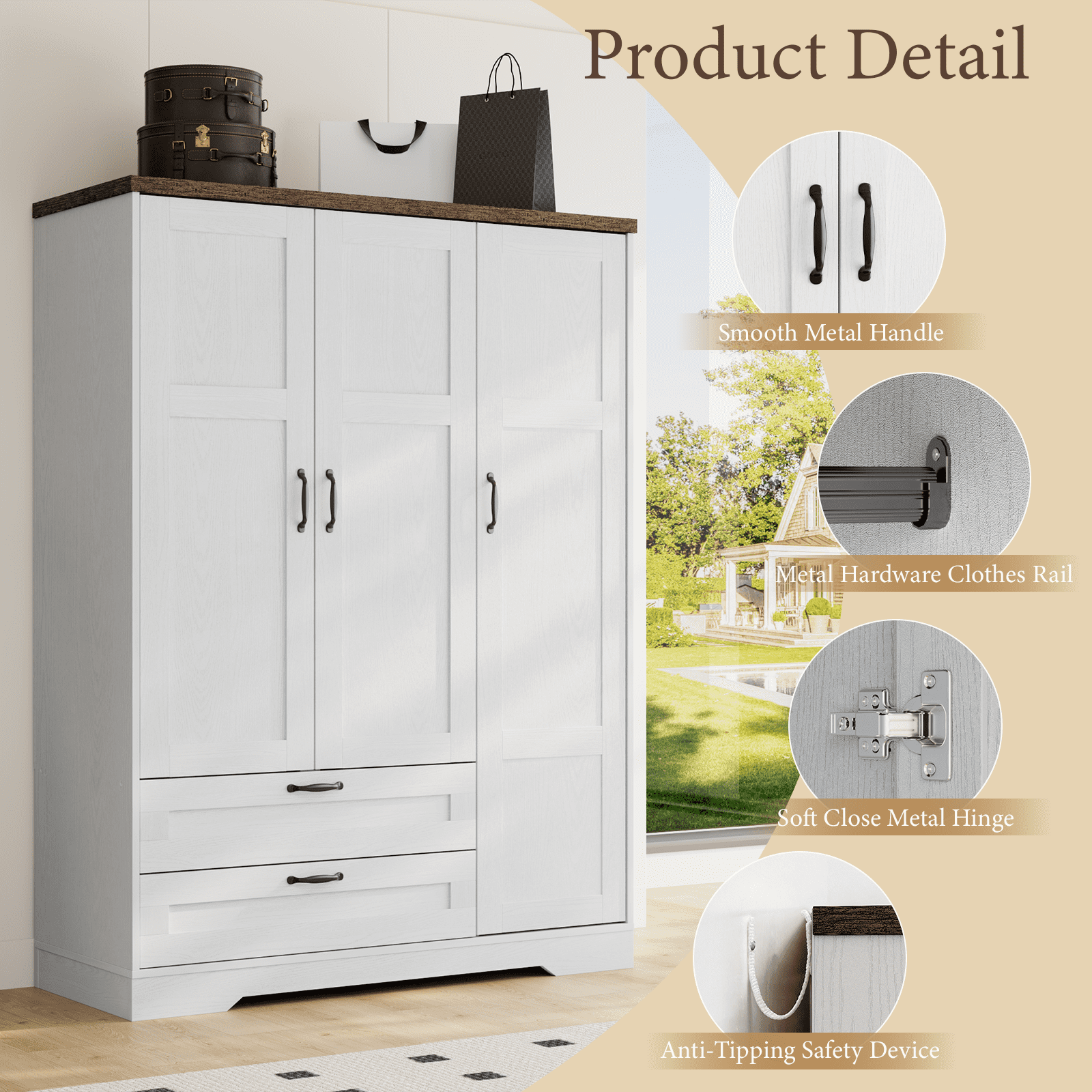 Brafabhome 71H Armoire Wardrobe Closet with 2 Drawers, Farmhouse 2 Doors Armoire Cabinet with Hanging Rod, Modern Freestanding Wardrobe Clothes Cabinet for Bedroom | Gray