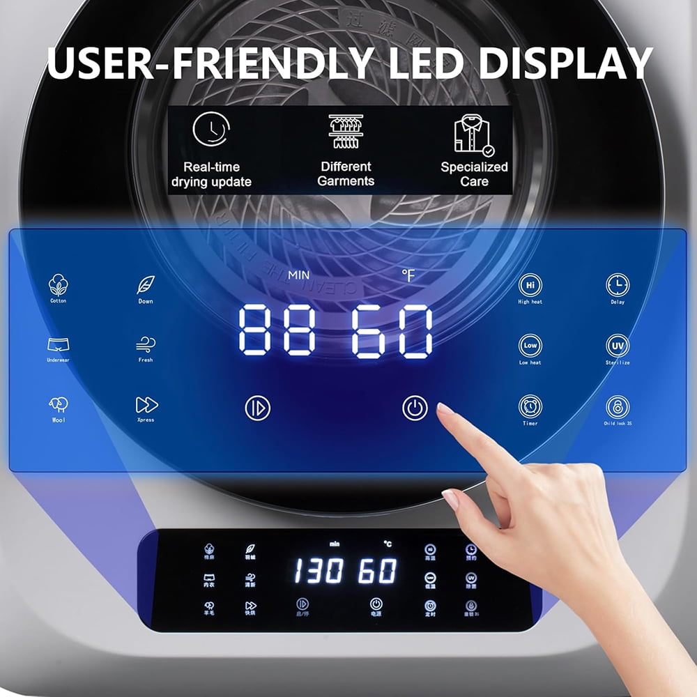 MIDOQIN Portable Clothes Dryer, 120V/850W Compact Laundry Dryer with Exhaust Pipe & LED Touch Control Panel, Front Load Mini Dryer Machine for Apartment
