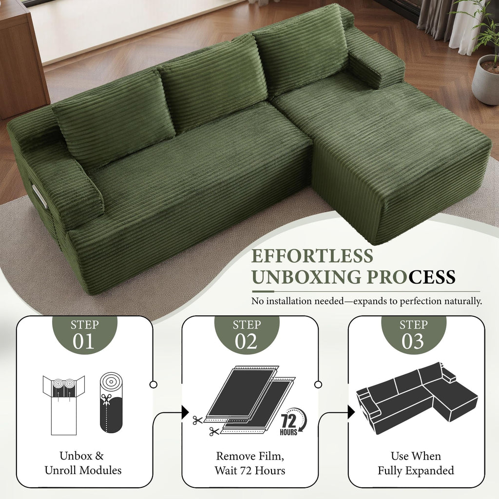 96 L-Shaped Sectional Couches for Living Room, Modular Cloud Couch with Chaise, Corduroy Deep Seat Boneless Sofa, No Assembly, Black