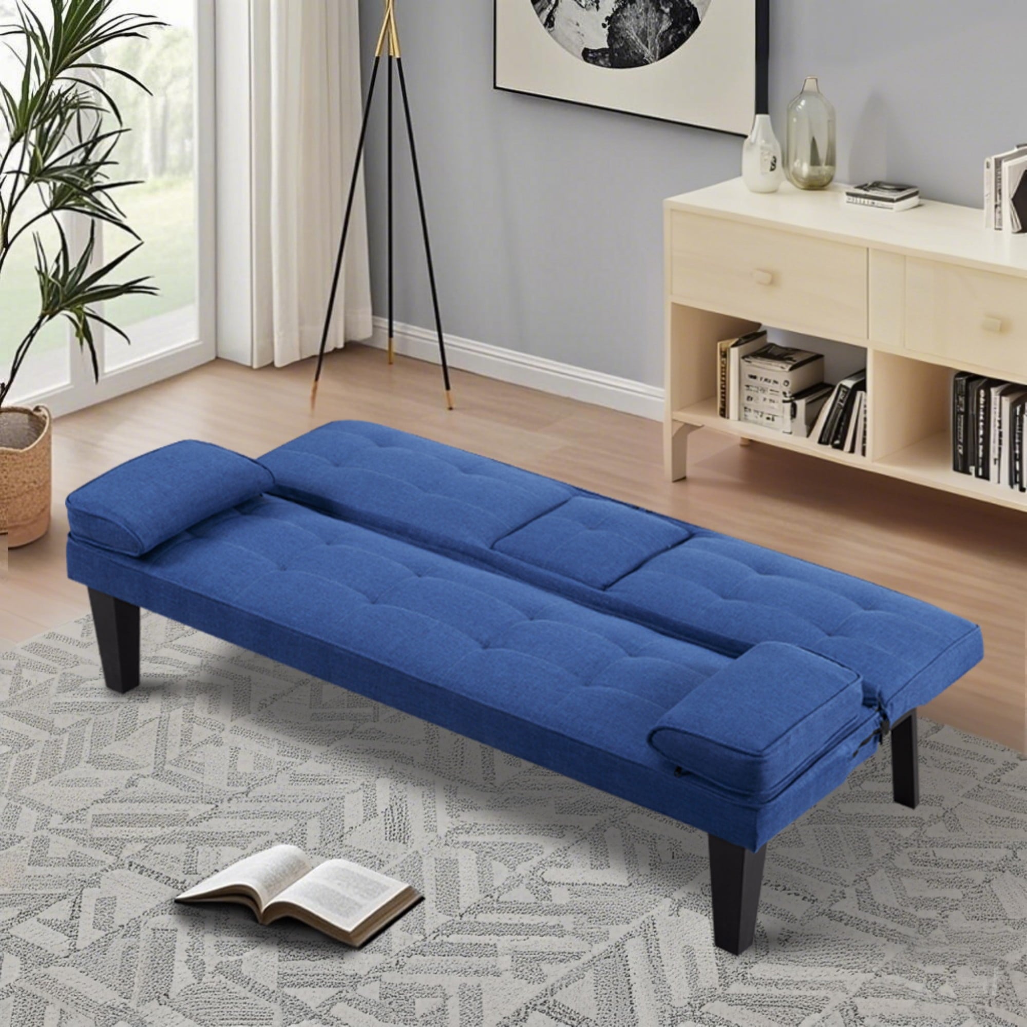 BSHTI 65 Modern Velvet Futon Sofa Bed with Drop Down Cup Holders, 3-Position Adjustable Backrest, Removable Arm Cushions, Chrome Legs for Living Room & Guest Room Black