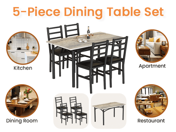 Lamerge 4 Person Dining Table Set, Wooden Dining Table 5 Piece Set with 4 Oak Metal Frame Chairs, Space Saving, Suitable for Apartments, Small Spaces, Kitchens, Breakfast Corners, Espresso Wood C