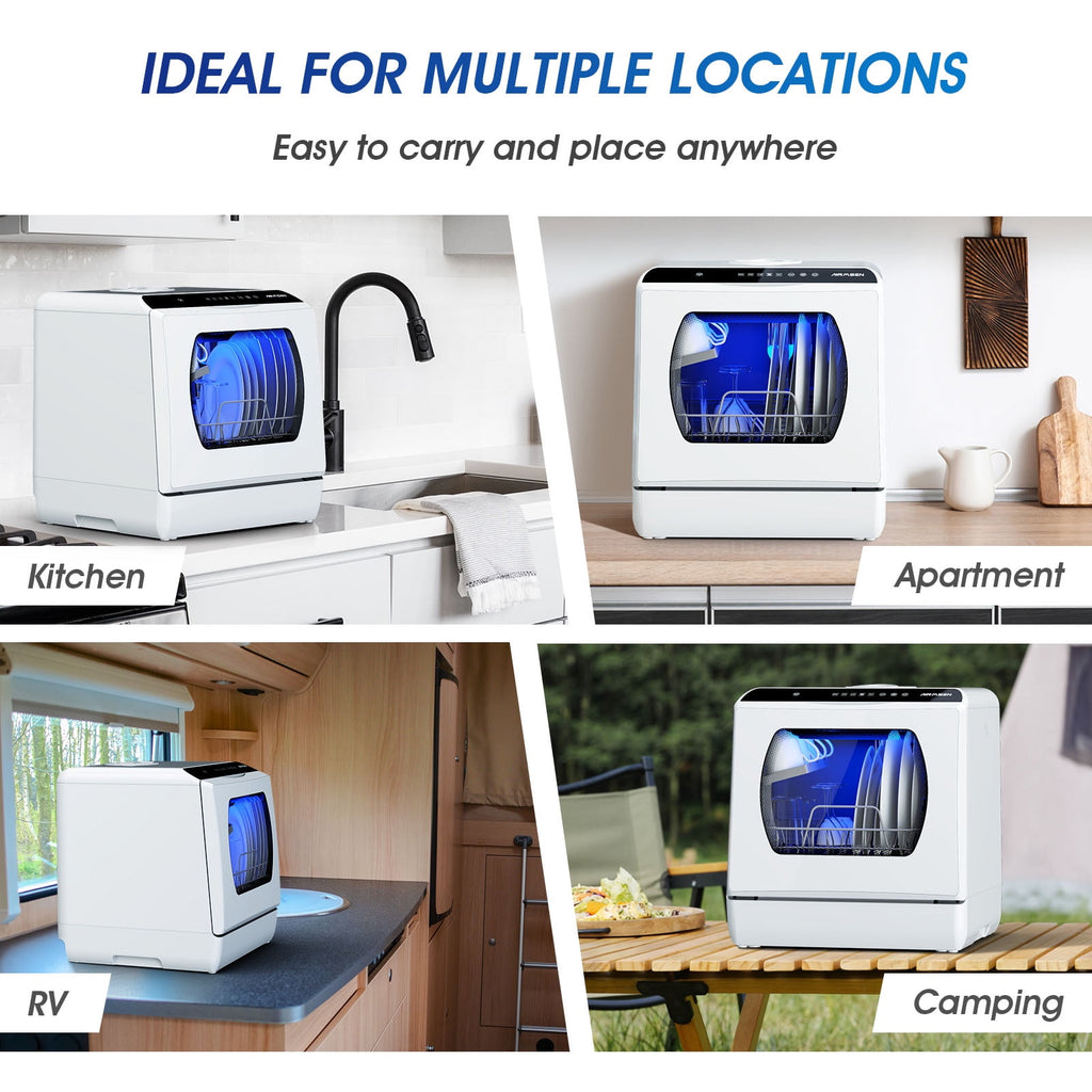 AIRMSEN Portable Countertop Dishwasher with 5-Liter Built-in Water Tank and Air-Dry Function, 5 Washing Programs Mini Dishwasher, AE-TDQR03