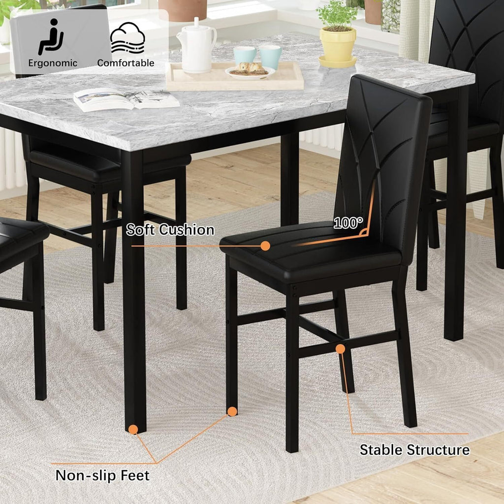 MOOSENG Dining Table Set for 4, Faux Marble Kitchen Table and Chairs Set of 4, 5-Piece Dining Room Set with PU Leather Upholstered Chairs for Small Space, Gray