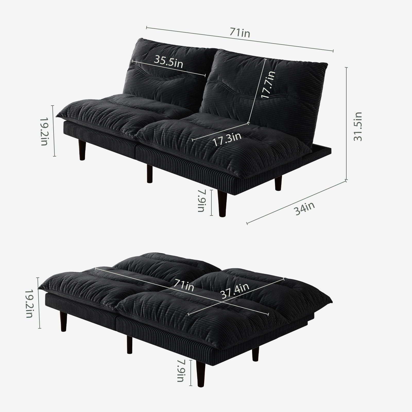 LLappuil 71 Corduroy Futon Convertible Sofa Bed, Loveseat Sleeper Sofa Couch for Living Room Apartment Green