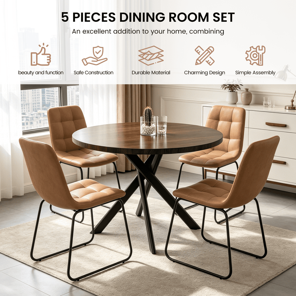43.5 Round Dining Table for 4, Space Saving Kitchen Table with Metal Legs, Mid Century Modern Dining Table for Dining Living Room Apartment Small Space