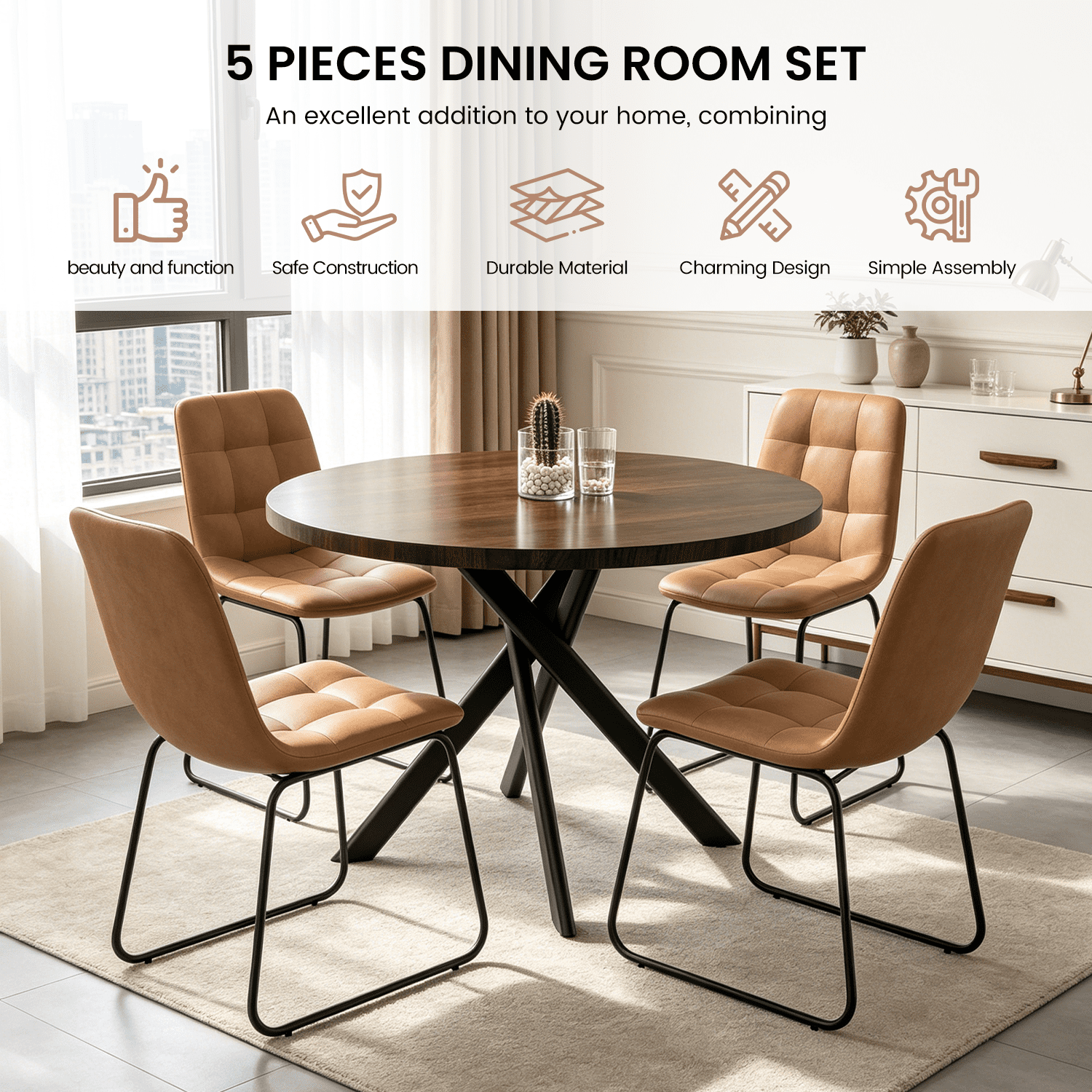 43.5 Round Dining Table for 4, Space Saving Kitchen Table with Metal Legs, Mid Century Modern Dining Table for Dining Living Room Apartment Small Space
