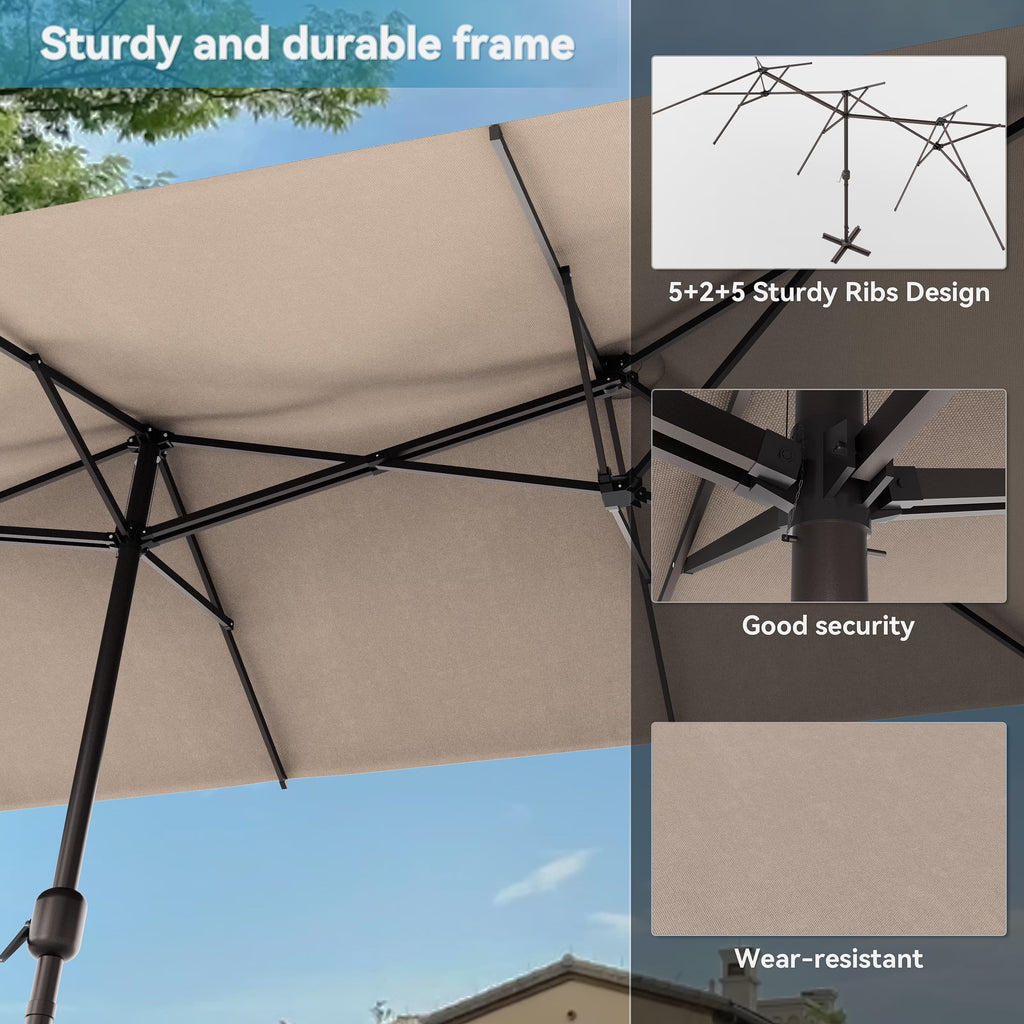 ALAULM 10 Piece Patio Dining Set w/14FT Umbrella, Metal Outdoor Furniture Set w/Rectangular table, 6 Fixed Chairs and 2 swivel rocking chairs for Patio, Backyard, Garden, Poolside（Grey）