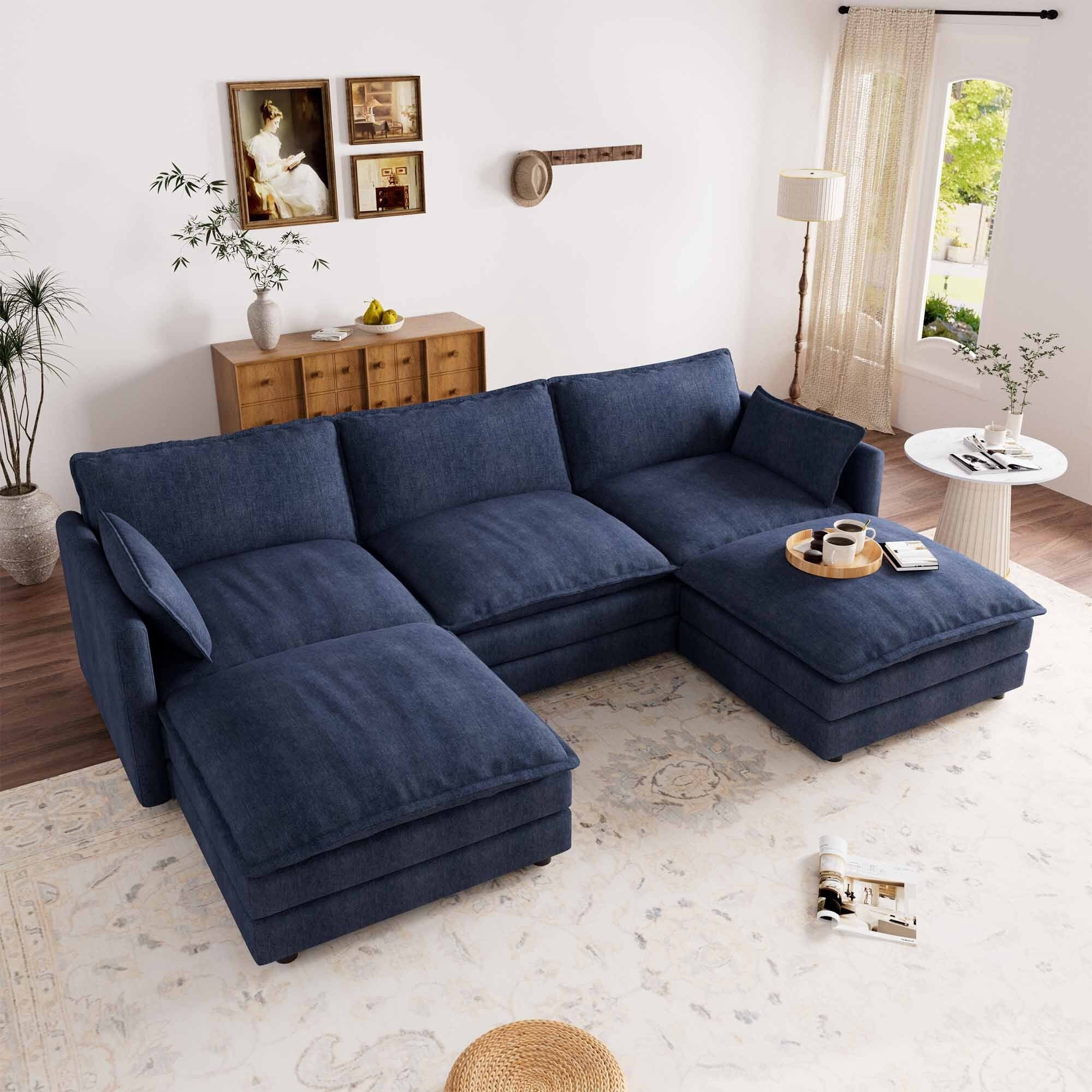 Muumblus Sectional Sofa Cloud Couch with Reversible Ottoman, L-Shaped Chenille Sofa for Living Rooms, Beige