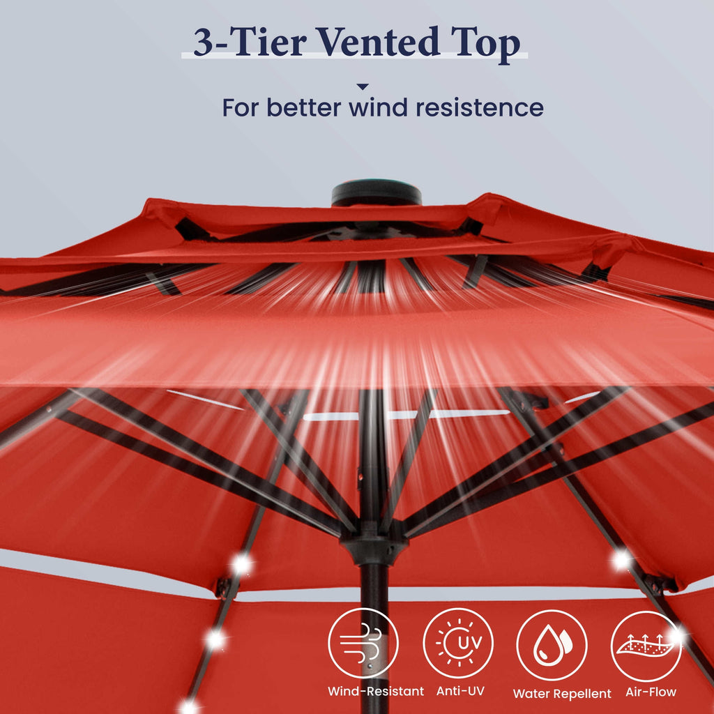 Summit Living 10ft Patio Umbrella with Solar Lights 3-Tier Vented Outdoor Market Umbrella with Auto-Tilt – Beige