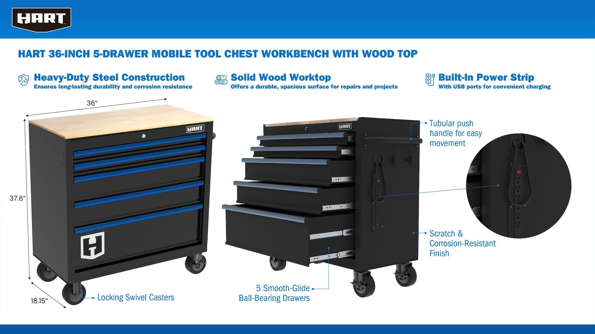 HART 36-Inch 5-Drawer Mobile Tool Chest Workbench with Wood Top, Rolling Garage Storage
