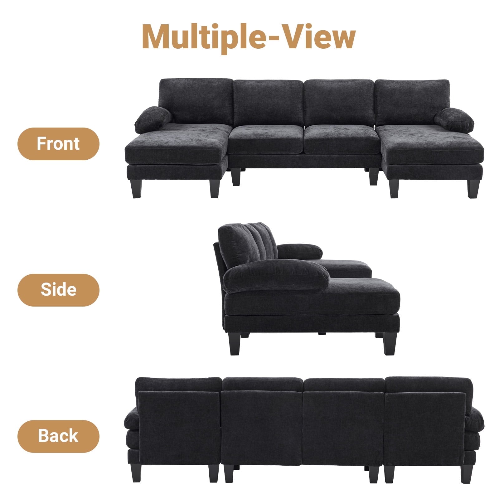 Ktaxon U-Shaped Sectional Sofa, 111  Chenille Couch, 4 Seat Lounge Sleeper with Double Chaise for Living Room Black