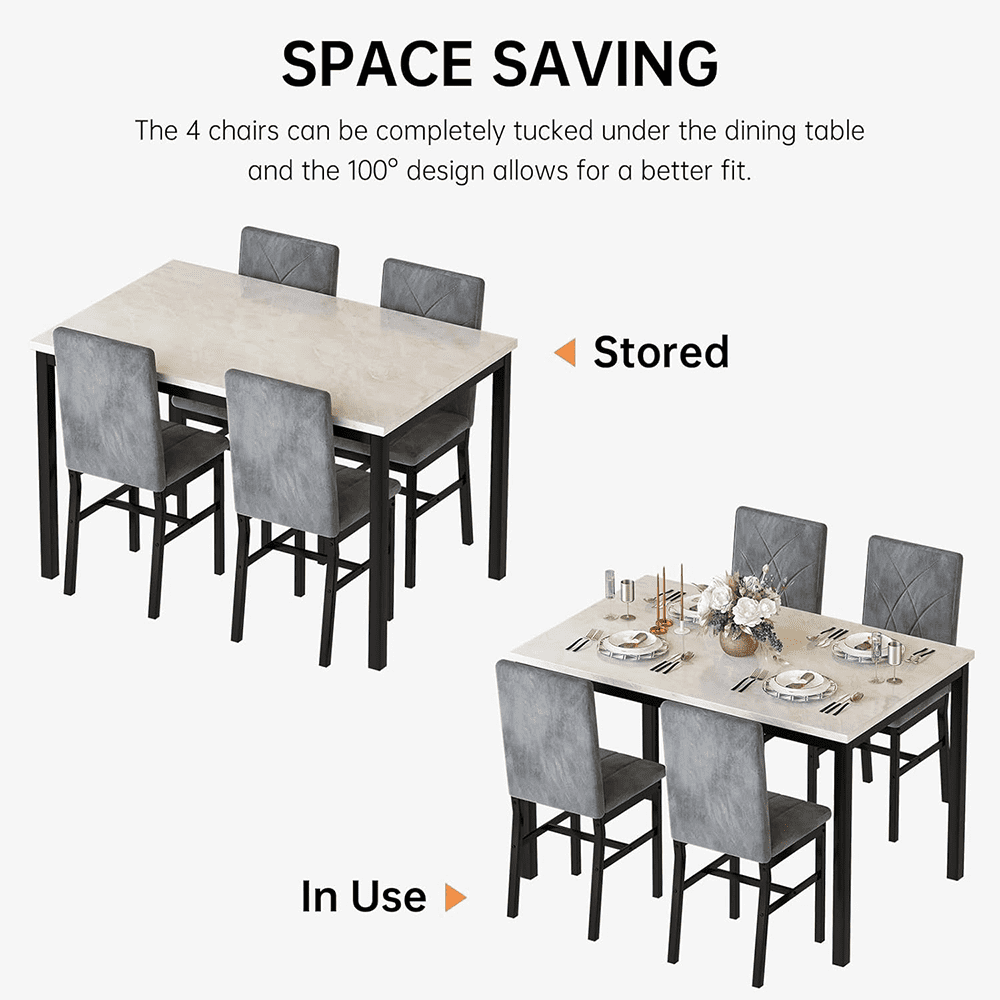 LinkRomat 5-Piece Faux Marble Dining Table Set for 4, Modern Kitchen Table with Chairs, Dinette Dining Room Furniture Set for Compact Space Saving