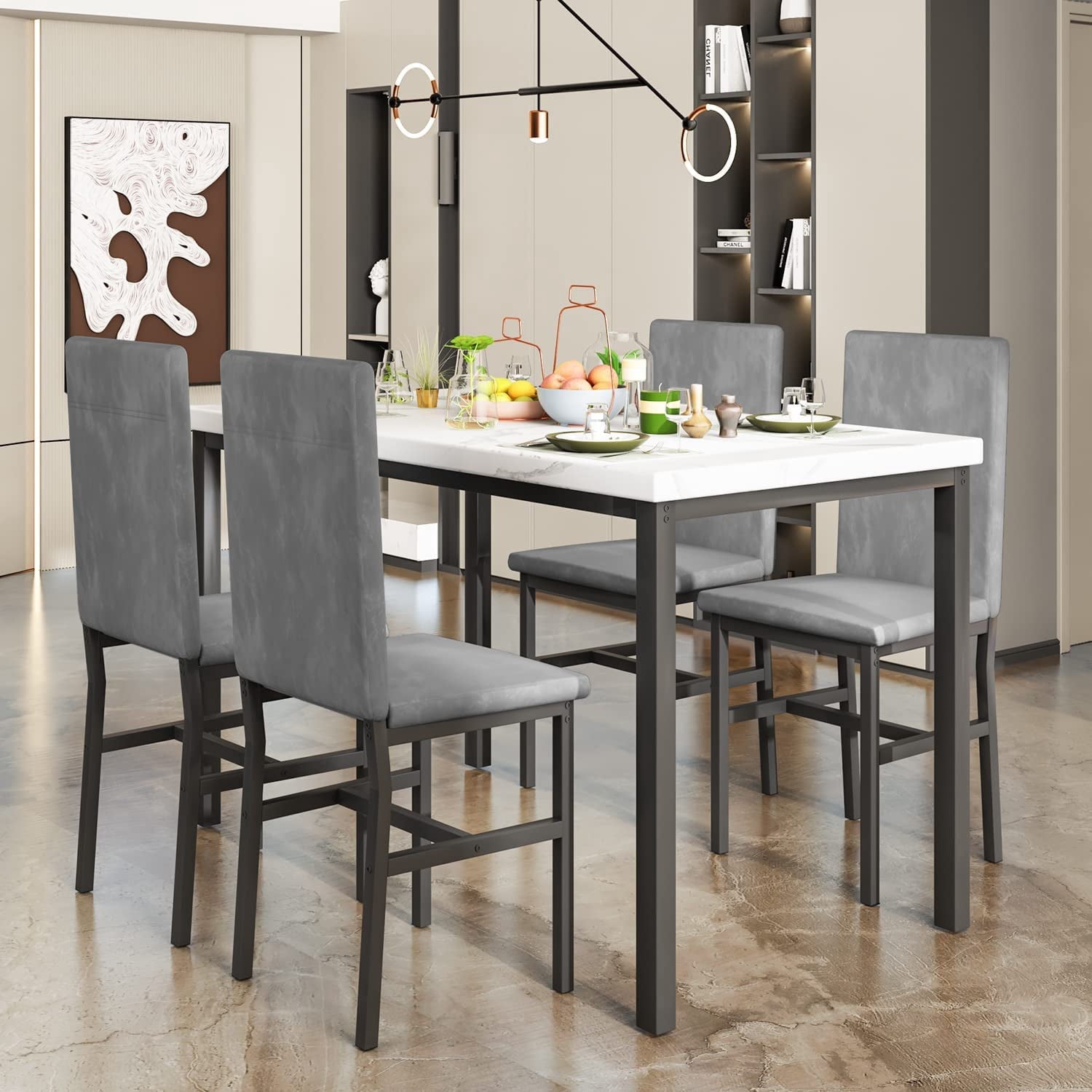 SYNGAR 5 Piece Dining Set, Modern Dining Table and Chairs Set for 4, Kitchen Dining Table Set with Faux Marble Tabletop & 4 Upholstered Chairs, for Small Space, Breakfast Nook, D9224