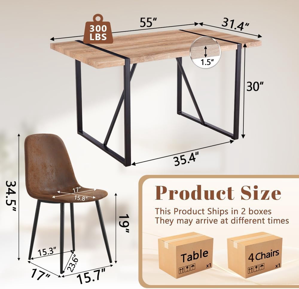 JUFU 55 Dining Table Set for 4, Modern Table and Chairs Set of 4, 5 Piece Dining Table Set Include Wooden Kitchen Table and 4 Faux Leather Chairs Ideal for Kitchen Dining Room Easy to Assemble