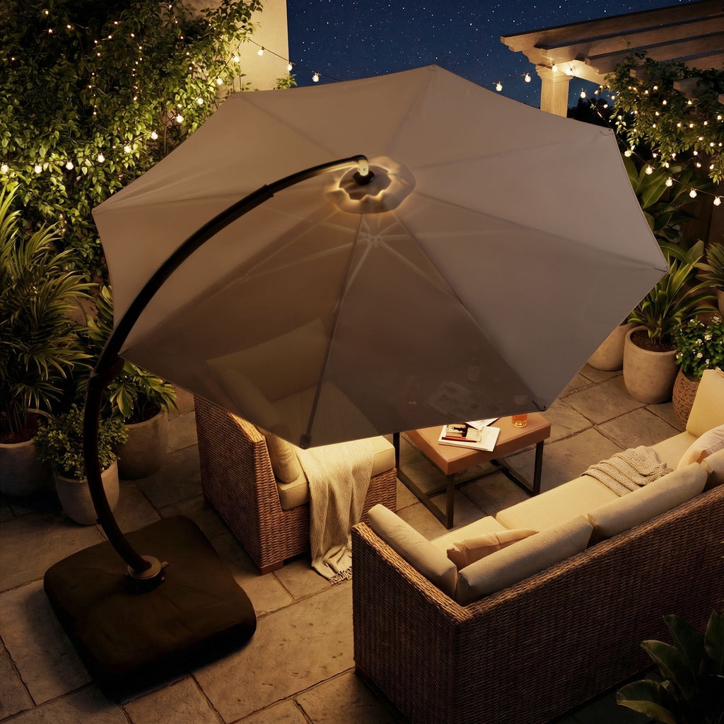 LAZZO 12ft Outdoor Patio Umbrella with Base and Lights, Aluminum Offset Cantilever Umbrella for Pool Deck, Champagne