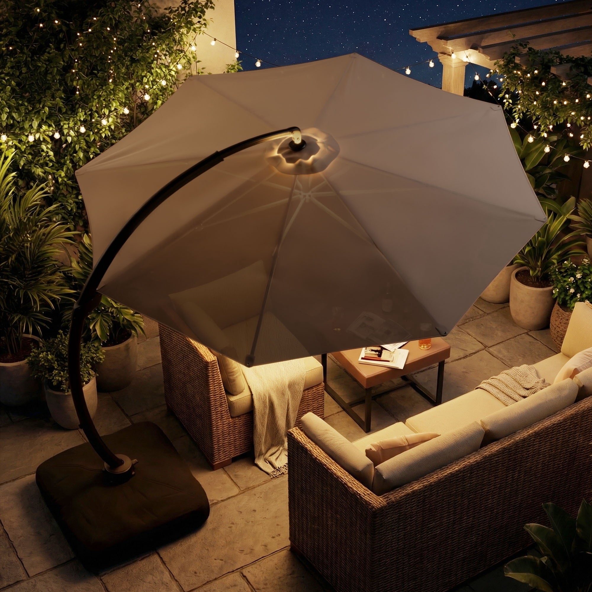LAZZO 12ft Outdoor Patio Umbrella with Base and Lights, Aluminum Offset Cantilever Umbrella for Pool Deck, Champagne
