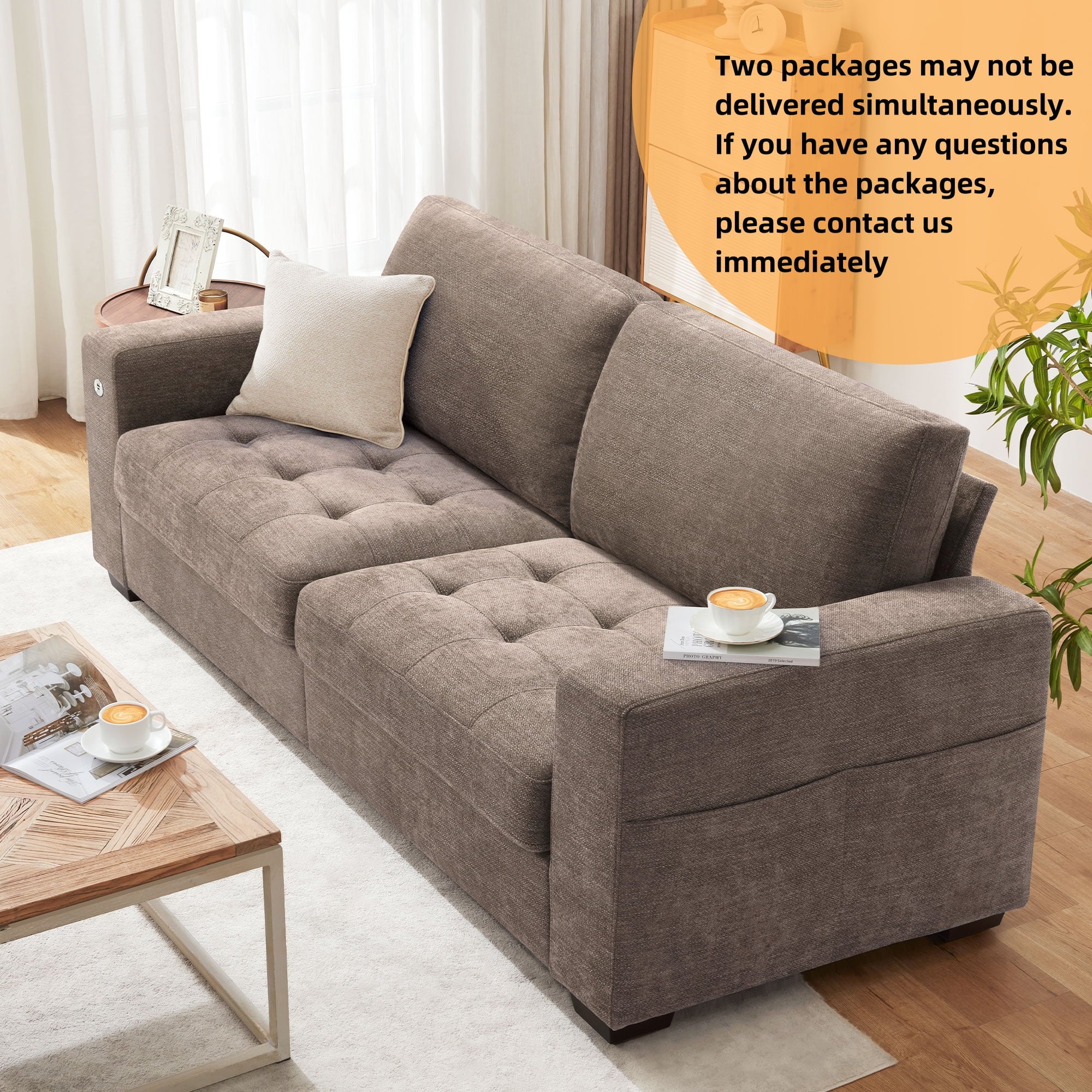 Bedluxury 89 Deep Sofa Couch with USB/Type-C Charging, Storage Pocket & Wide Armrest, Removable Cover, Seats 3 Adults, Chenille Beige