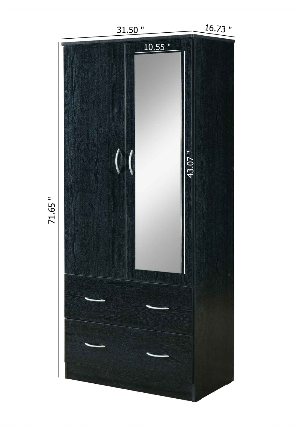 Hodedah Two Door Wardrobe with Two Drawers and Hanging Rod plus Mirror, Black