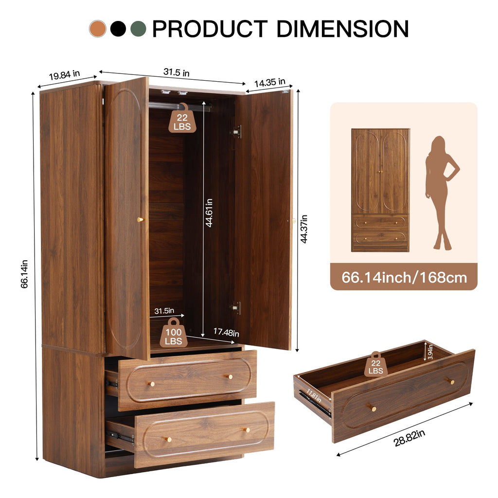 Wirrytor Freestanding Wooden Armoire Wardrobe with 2 Woven Doors and Storage Drawers, Space-Saving Closet Cabinet for Bedroom, Sturdy Mdf Board Closet with Hanging Rail