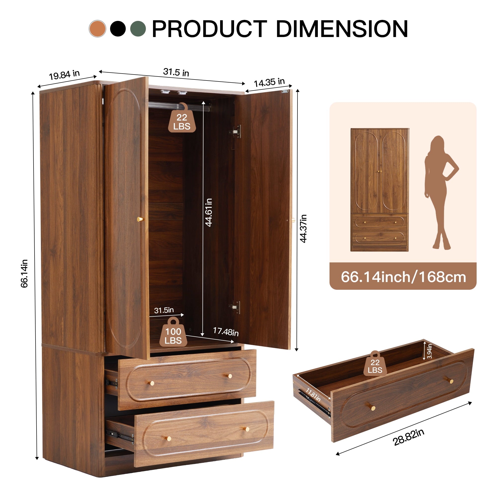 Wirrytor Freestanding Wooden Armoire Wardrobe with 2 Woven Doors and Storage Drawers, Space-Saving Closet Cabinet for Bedroom, Sturdy Mdf Board Closet with Hanging Rail