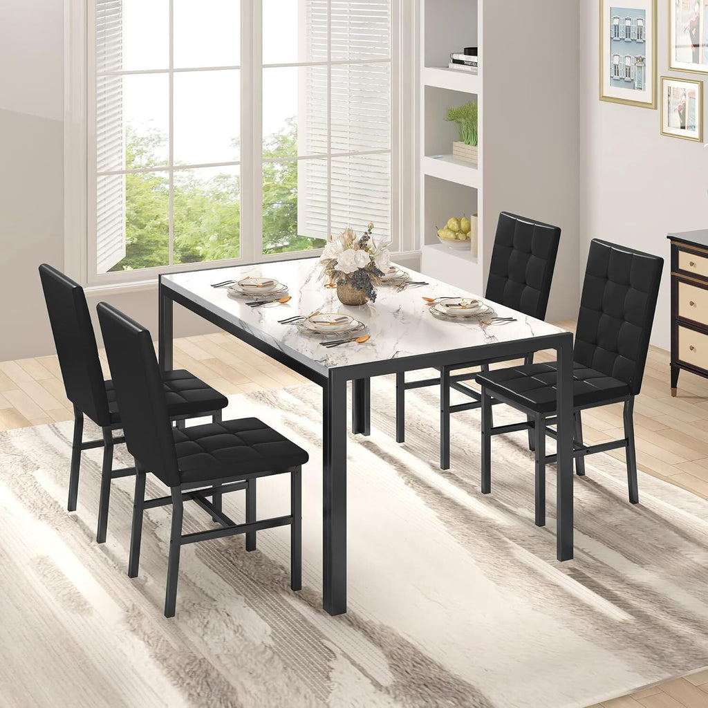 MOOSENG 5-Piece Dining Table Set with Faux Marble Top, Modern Kitchen Table and Set of 4 Grey Velvet Upholstered Chairs, Space-Saving Dinette Set for Small Spaces