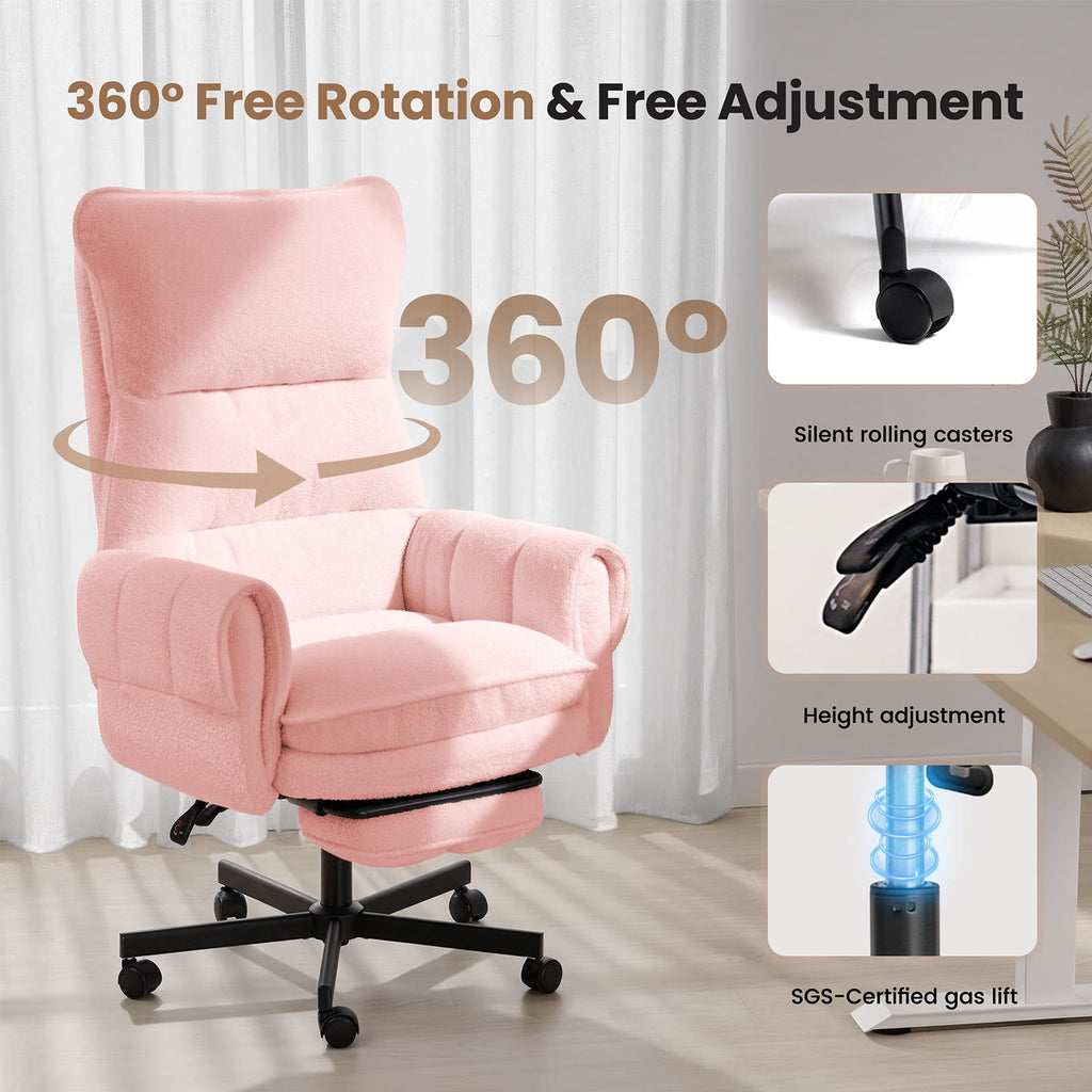 Patbrela Big and Tall Office Chair, Teddy Plush Swivel Desk Chair Ergonomic Computer Chairs with Adjustable Armrests, Beige