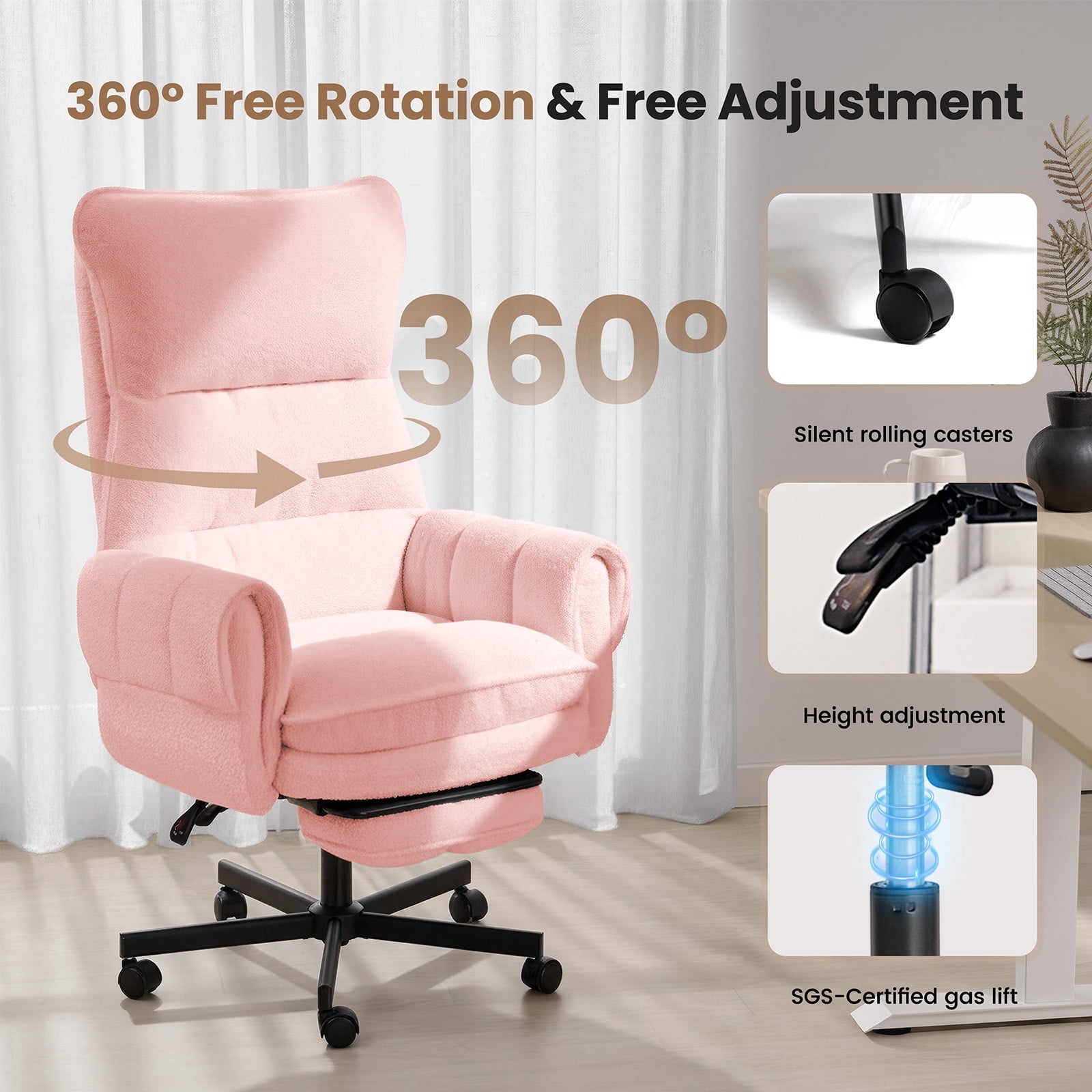 Patbrela Big and Tall Office Chair, Teddy Plush Swivel Desk Chair Ergonomic Computer Chairs with Adjustable Armrests, Beige