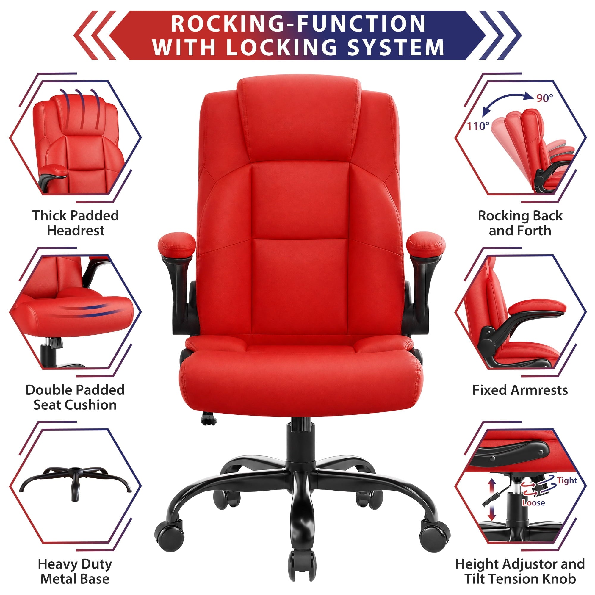 JONPONY Leather Office Chair, Big and Tall 500lbs Ergonomic Desk Chairs with Back Support, Executive Leather Chair with Wheels for Home Office, with Adjustable Padded Armrest & Lumbar Support , Black