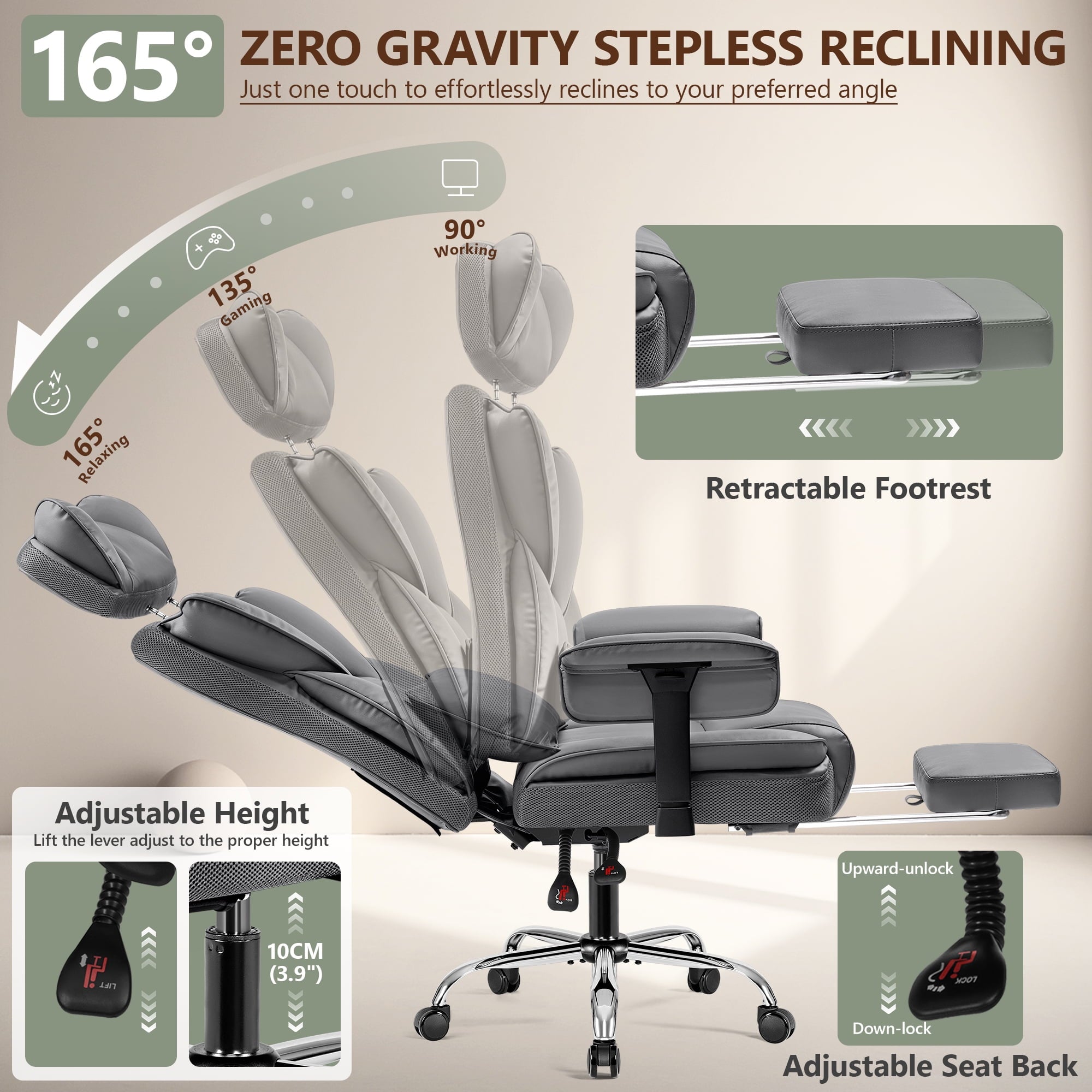COOLHUT Big and Tall PU Leather Office Chair with Adjustable Headrest & Footrest, Executive Computer Desk Chair with 3D Adjustable Padded Armrest, Ergonomic Office Chair with Lumbar Support, Black