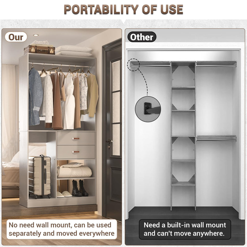 Homieasy Freestanding Closet System with Suitcase Storage, 40'' Closet Organizer System with 2 Wood Drawers and Hanging Rod, White