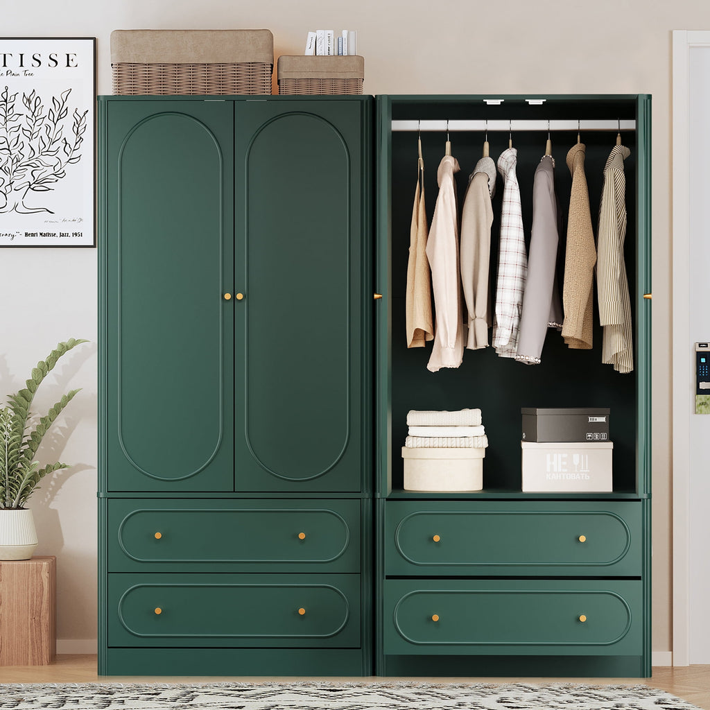 Wirrytor Freestanding Wooden Armoire Wardrobe with 2 Woven Doors and Storage Drawers, Space-Saving Closet Cabinet for Bedroom, Sturdy Mdf Board Closet with Hanging Rail