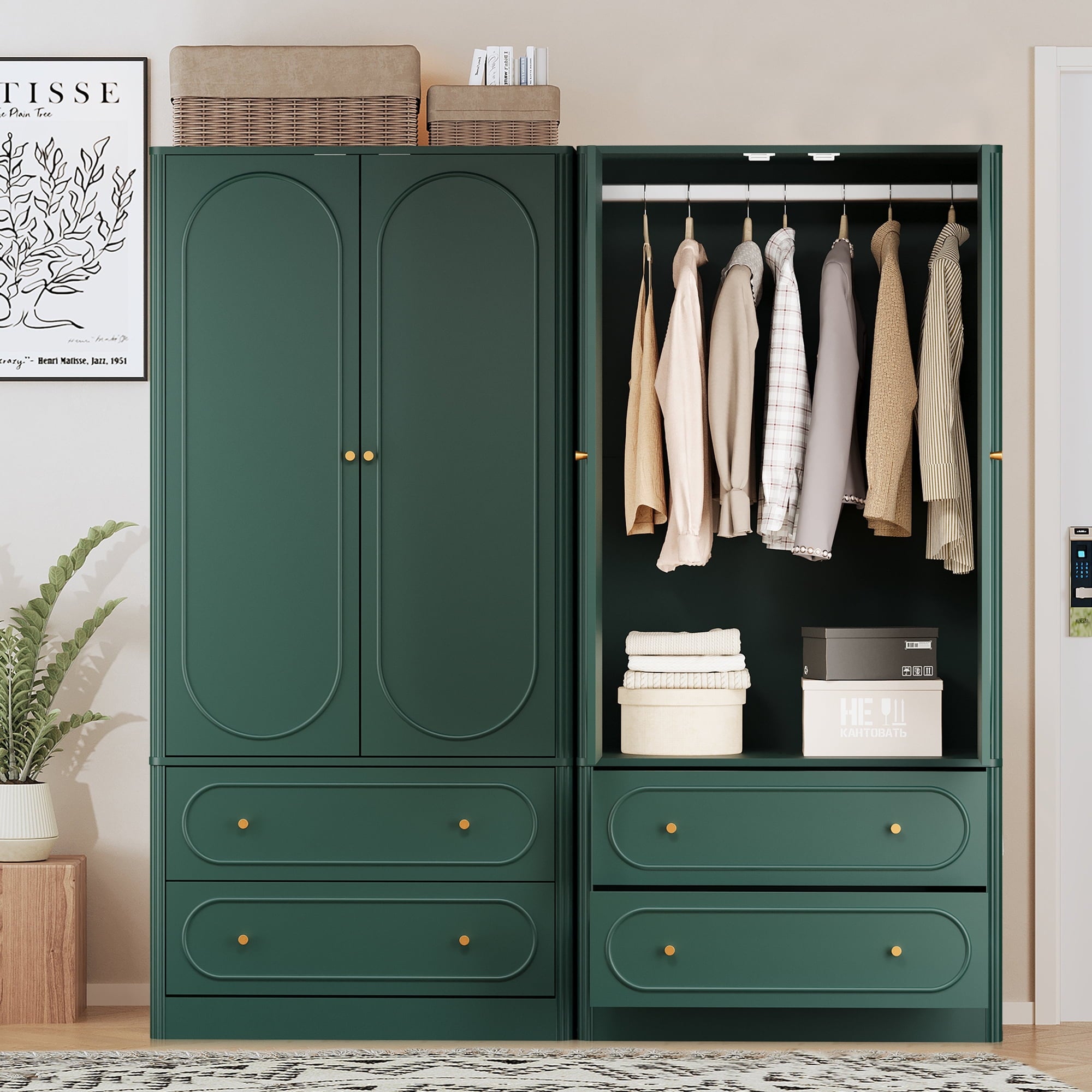 Wirrytor Freestanding Wooden Armoire Wardrobe with 2 Woven Doors and Storage Drawers, Space-Saving Closet Cabinet for Bedroom, Sturdy Mdf Board Closet with Hanging Rail