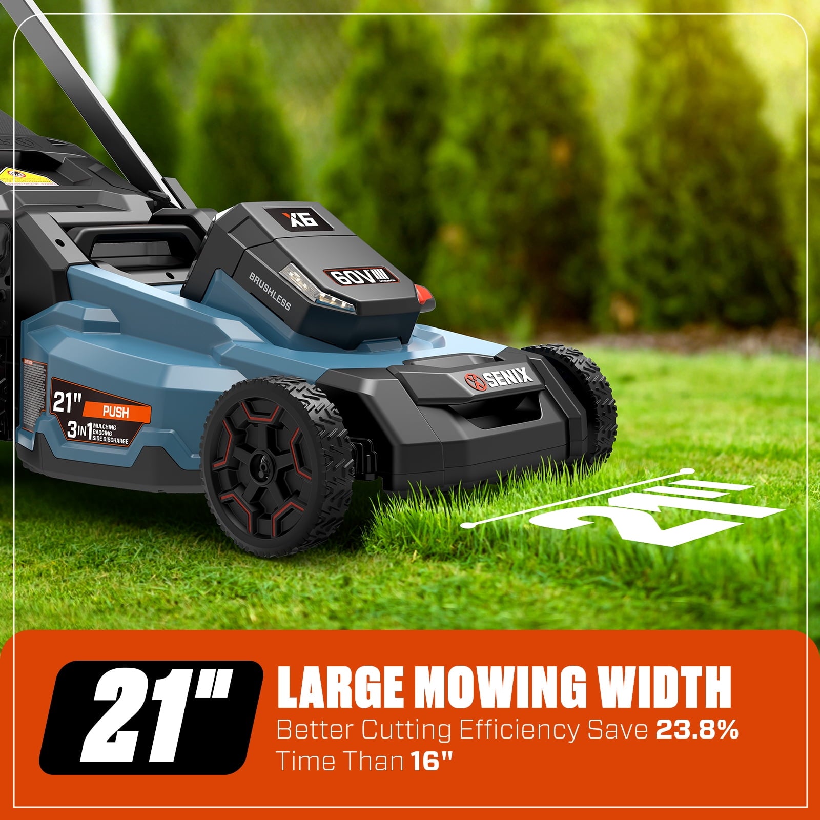 SENIX X6 60V 21 Self Propelled Lawn Mower , 8Ah Battery & Rapid 8A Charger, 3-in-1 Brushless, Smart LED Display, 7-Height Adjustment, 3-Mode, Variable Speed Push Mower
