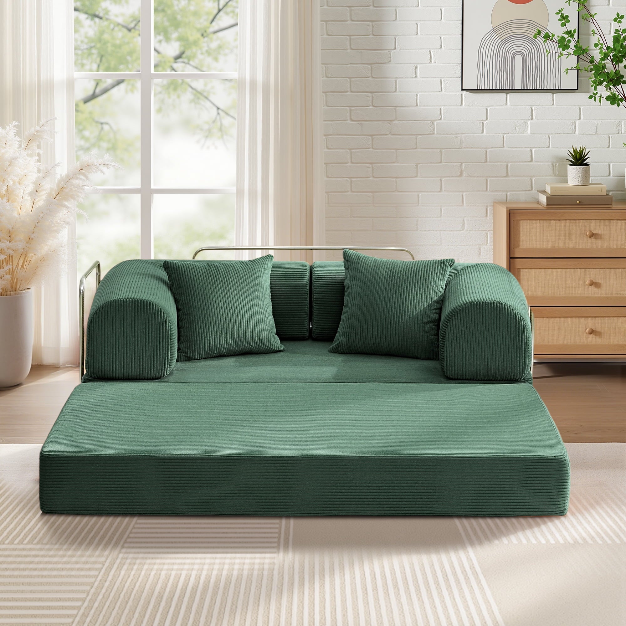 COOLHUT 63 W Combination Sofa, High Rebound Density Foam Sofa Couch, Two Forms Floor Couch Three Seats Sofa Bed for Living Room, Bedroom, Green
