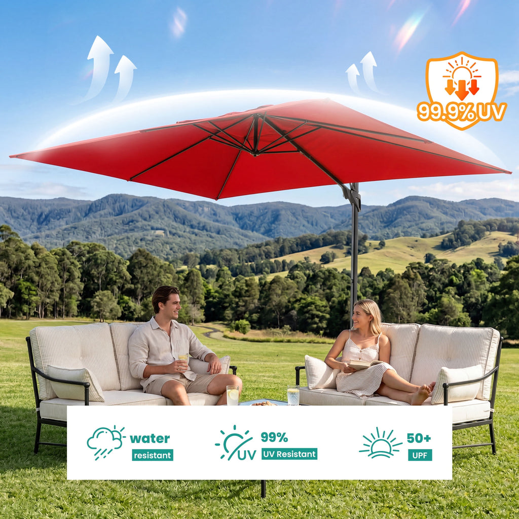 MOALCOFER 10x13FT Outdoor Offset Cantilever Patio Umbrella with 360° Rotation, 8 Ribs, Crank & Tilt, Large Hanging Sun Shade for Backyard, Deck, Poolside,Red
