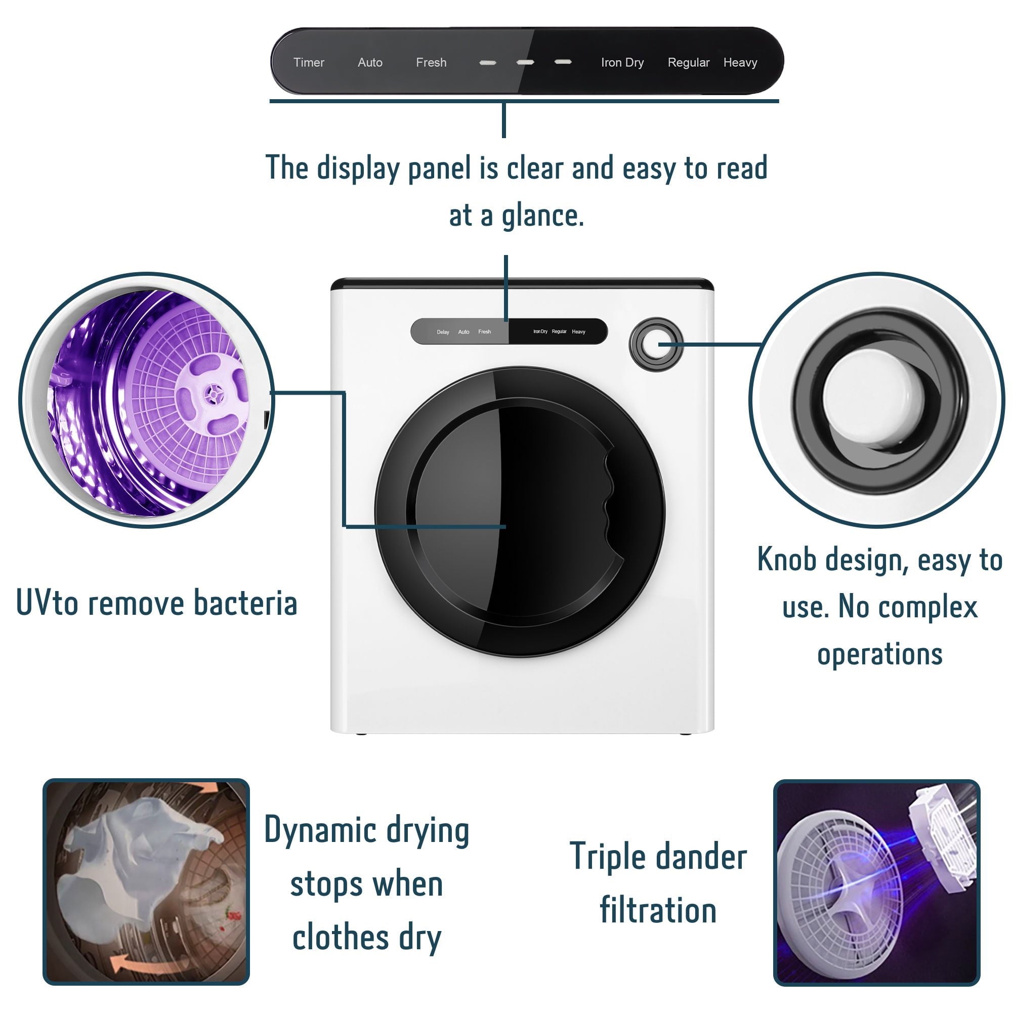 Dessiz 120V Portable Clothes Dryers 1000W Compact Dryer 1.7cu.ft Front Load Stainless Steel 12lbs Electric Dryers Machine with Exhaust pipe for Apartment,RVs,Dorms,Auto Stop and Easy Control