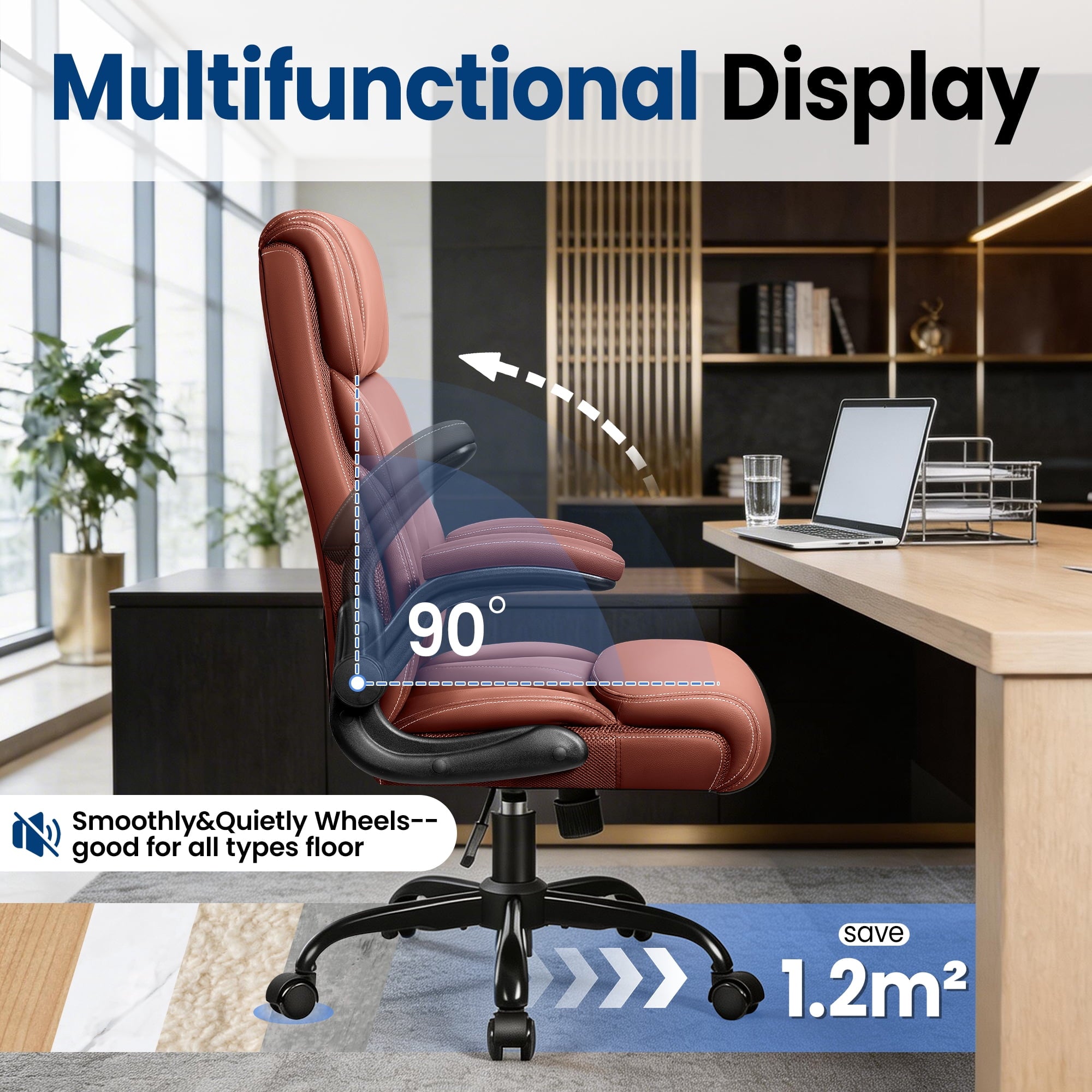STACOO High Back Executive Office Chair 400lbs, Big and Tall Ergonomic Desk Chair with Lumbar Support & Flip-up Armrests, PU Leather Swivel Chair with Adjustable Height – Brown