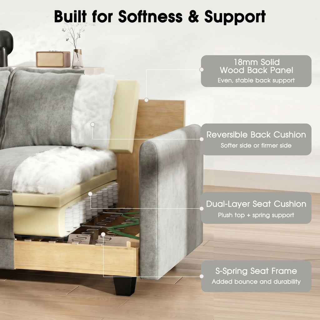 BedLuxury 111.5'' Modular Sectional Sofa with Movable Ottomans, U Shaped Cloud Couch for Living Room, 3-Seat, Grey