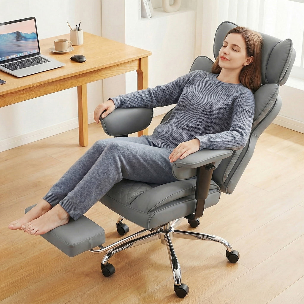 edx Executive Home Office Desk Chair, Ergonomic Big Tall High Back with Footrest & Lumbar Support, Reclining Comfy PU Leather Computer Gaming Chair with Swivel Wheels, Height Adjustable, Black