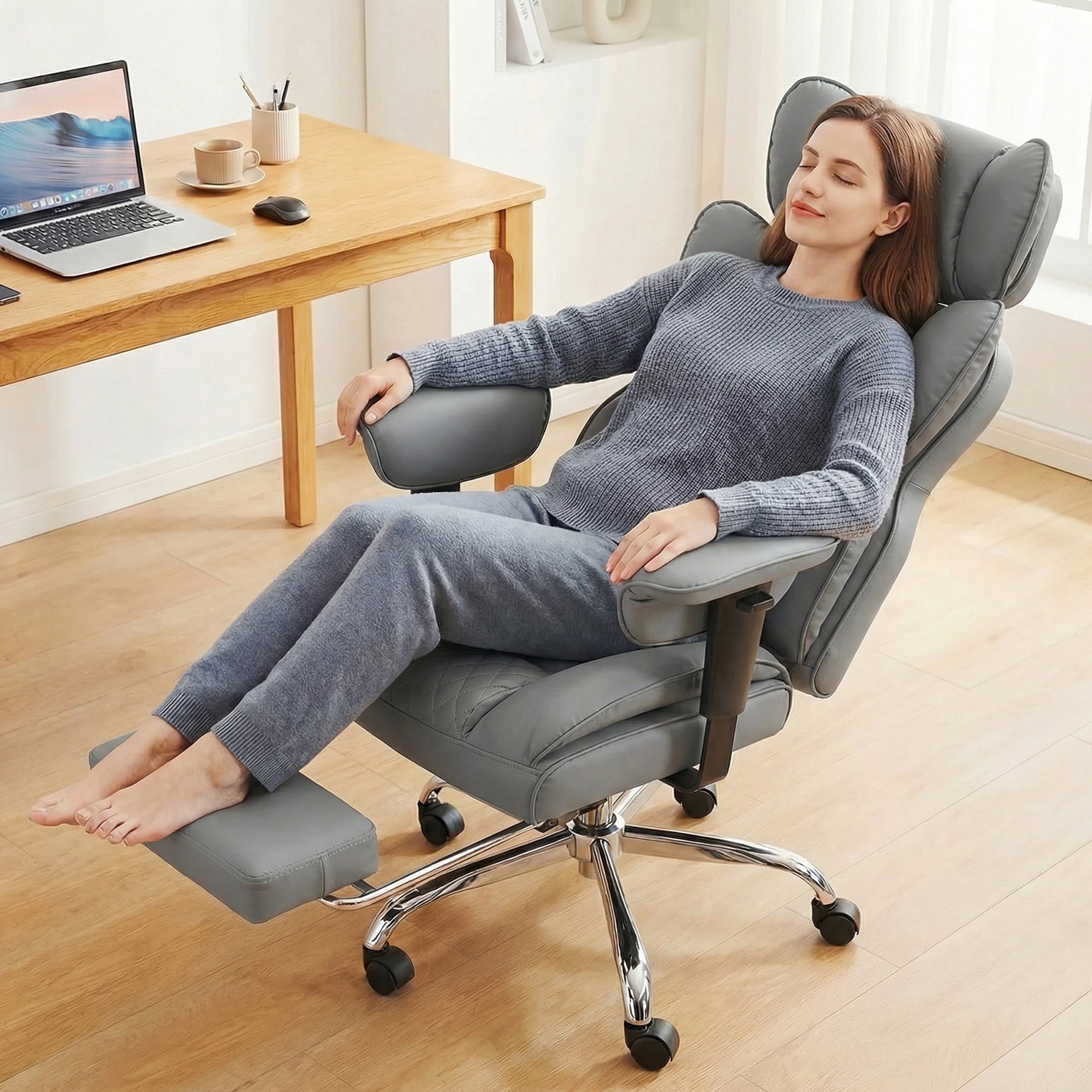 edx Executive Home Office Desk Chair, Ergonomic Big Tall High Back with Footrest & Lumbar Support, Reclining Comfy PU Leather Computer Gaming Chair with Swivel Wheels, Height Adjustable, Black