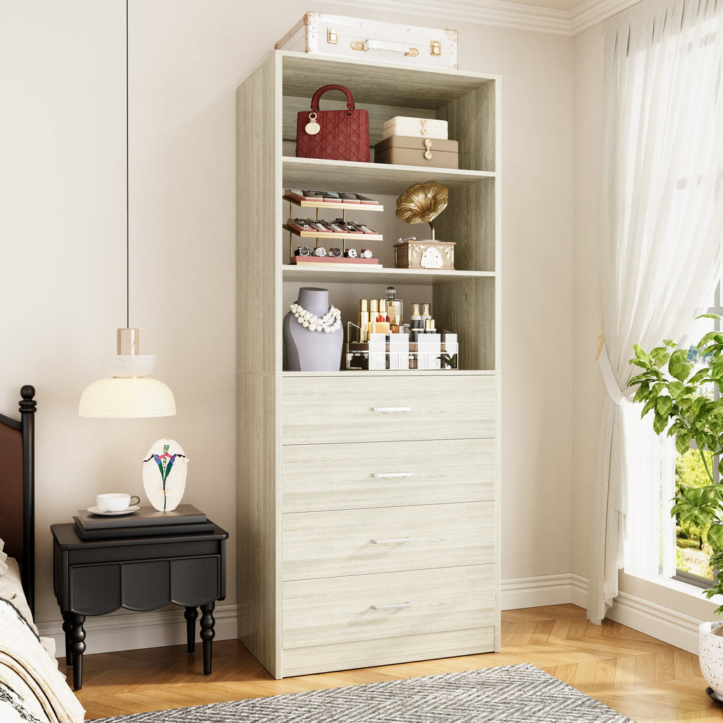 Homieasy 21.3 Inch Freestanding Closet System with 4 Wood Drawers and 3 Shelves for Walk-in Closet, Bedroom, White