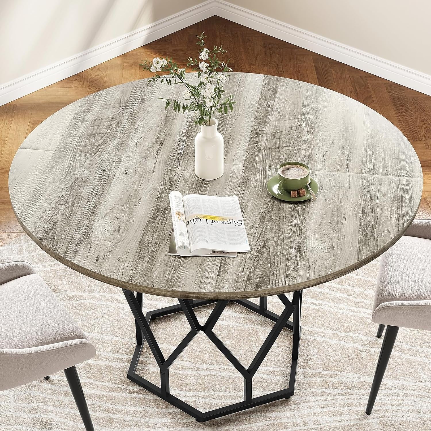 M optimized Round Dining Table for 4-6 People, 47 Farmhouse Kitchen Table, Modern Circle Dinner Table with Sturdy Base, Industrial Wood Dinning Room Table for Kitchen