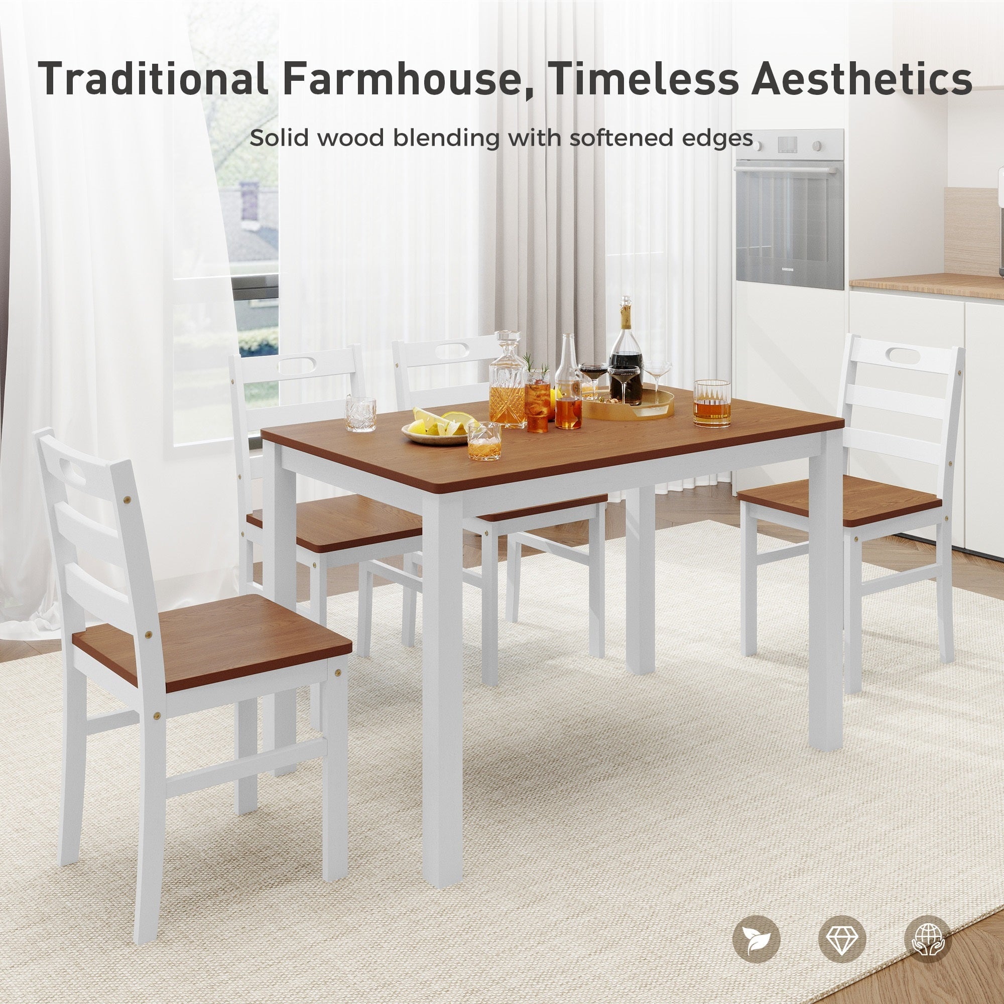 Alpha Joy Farmhouse Dining Table Set for 4 Solid Wood Kitchen Chairs and Table Set, Walnut & White