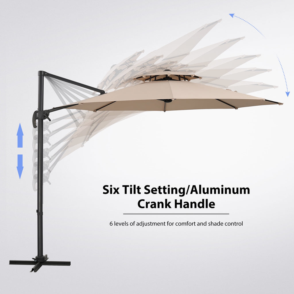 Ainfox 10ft Double Top Heavy-Duty Patio Cantilever Umbrella with lights and Cross Base, Outdoor Large Offset Hanging Aluminum Rotation Sun Shade Solar Umbrella with 360°Rotation Adjustable,Khaki